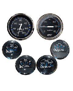 Faria Box Set of 6 Gauges - Speed, Tach, Fuel Level, Voltmeter, Water, Temp & Oil PSI - Chesapeake Black w/Stainless Steel Bezel KTF064